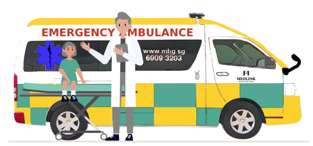 Medlink emergency ambulance with a paramedic and a patient on a stretcher