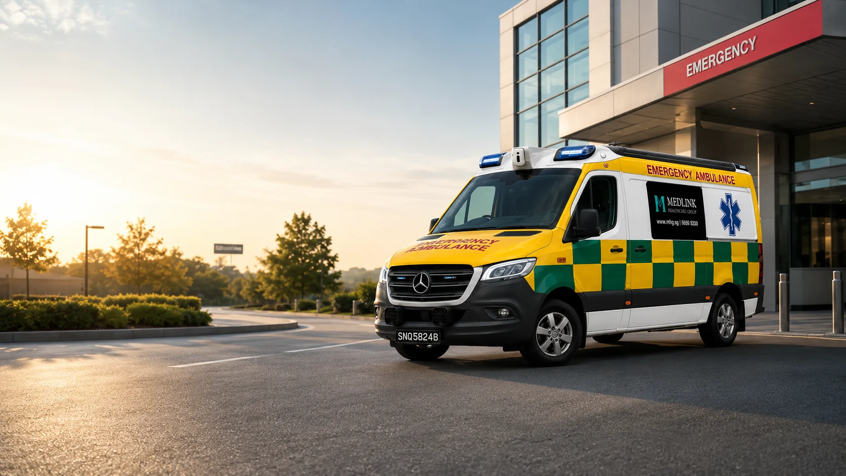 A Medlink emergency ambulance parked at a hospital emergency entrance at sunrise