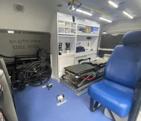 Wheelchair stowage and equipment cabinets inside a Medlink ambulance