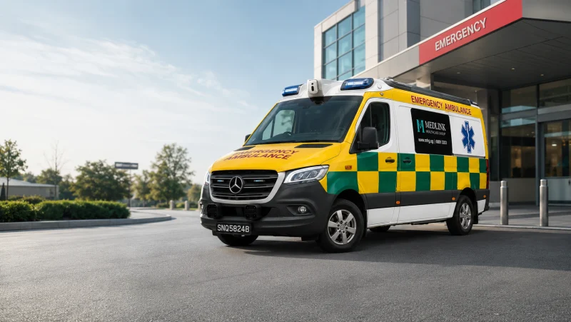 Medlink Mercedes-Benz Sprinter emergency ambulance at a hospital emergency entrance