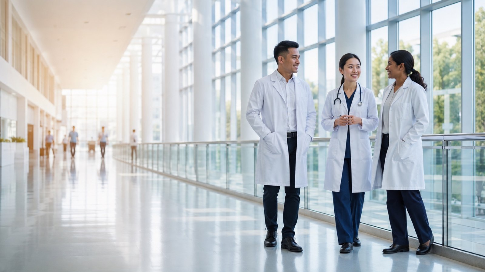 Medlink clinicians in white coats talking in a bright hospital corridor