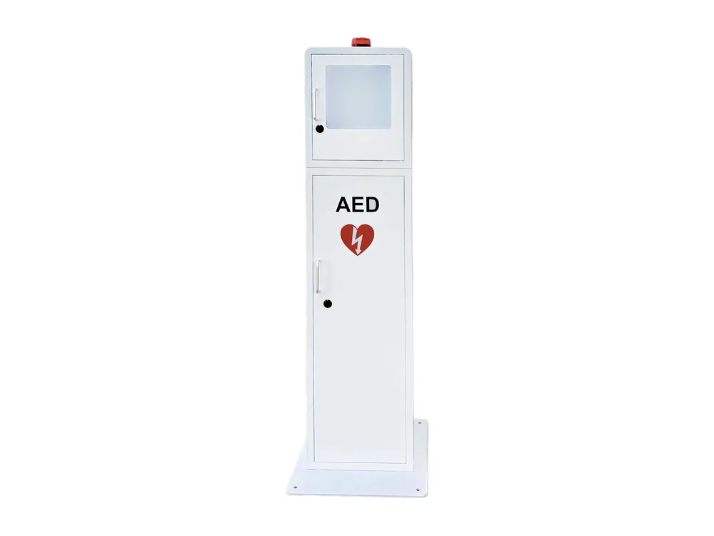 Medlink free-standing AED cabinet in white steel with alarm beacon and viewing window