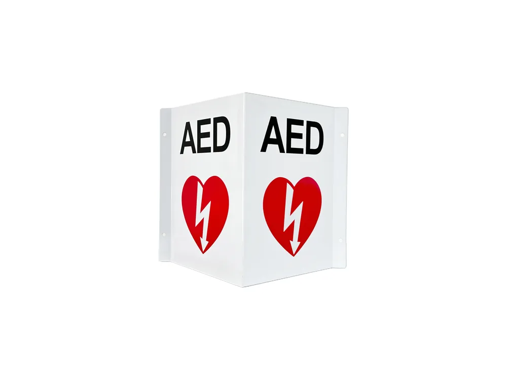 Three-sided 3D AED sign in white with the red AED heart symbol on both faces