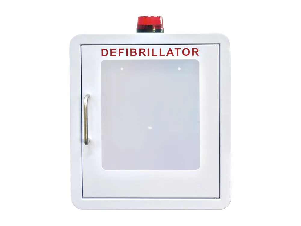 Medlink wall-mounted AED cabinet marked Defibrillator, with red alarm beacon