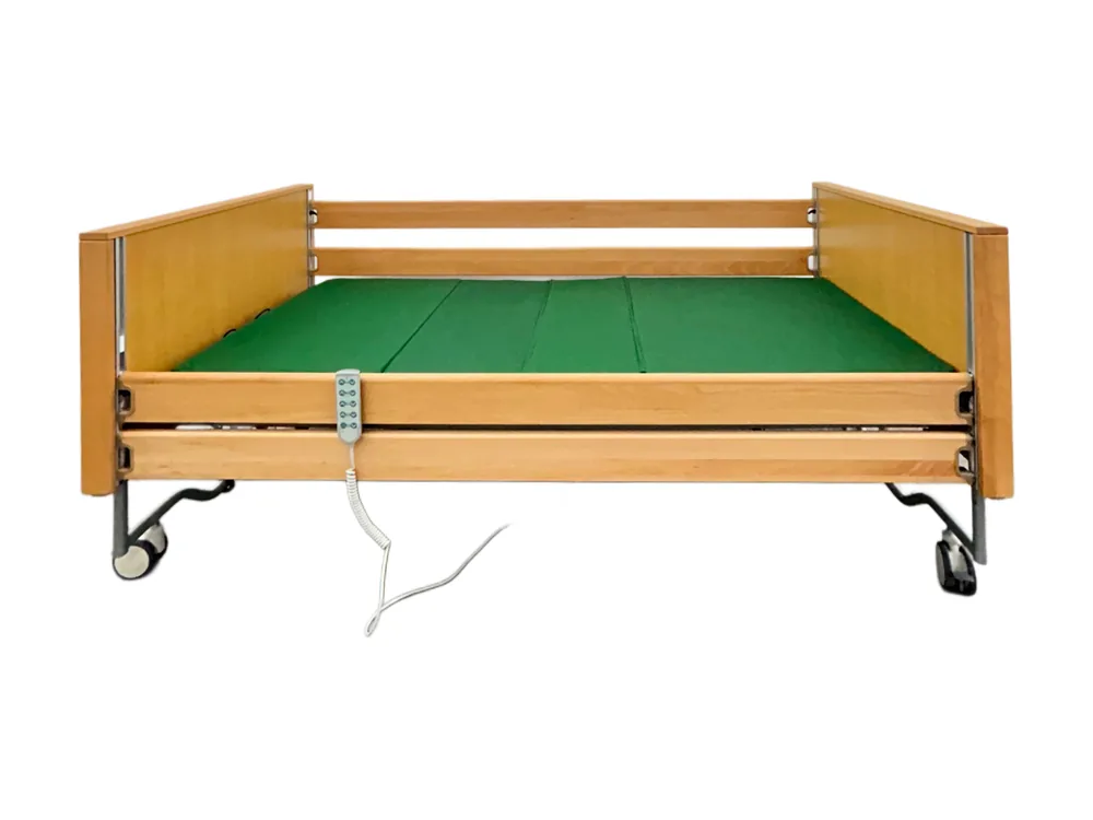 Medlink Foldable hospital bed in light wood finish with drop-down side rails